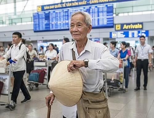 Cụ ông chờ người ở sân bay