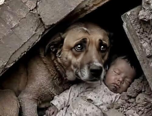 Chú chó và em bé trong cơn động đất